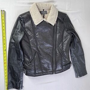 PJK black textured faux Leather Jacket with Shearling Collar